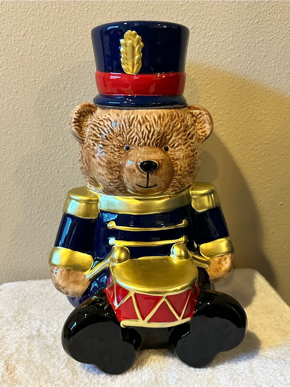 Christmas Nutcracker Drummer Teddy Bear Cookie Jar Navy Ceramic NWT